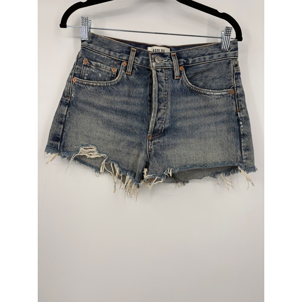AGOLDE Parker High Rise Denim Shorts Distressed Frayed Blue Jeans Size 25 - Picture 2 of 7